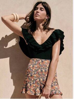 Sezane Dorian Sunflowers Floral Ruffled Hem Shorts EUC